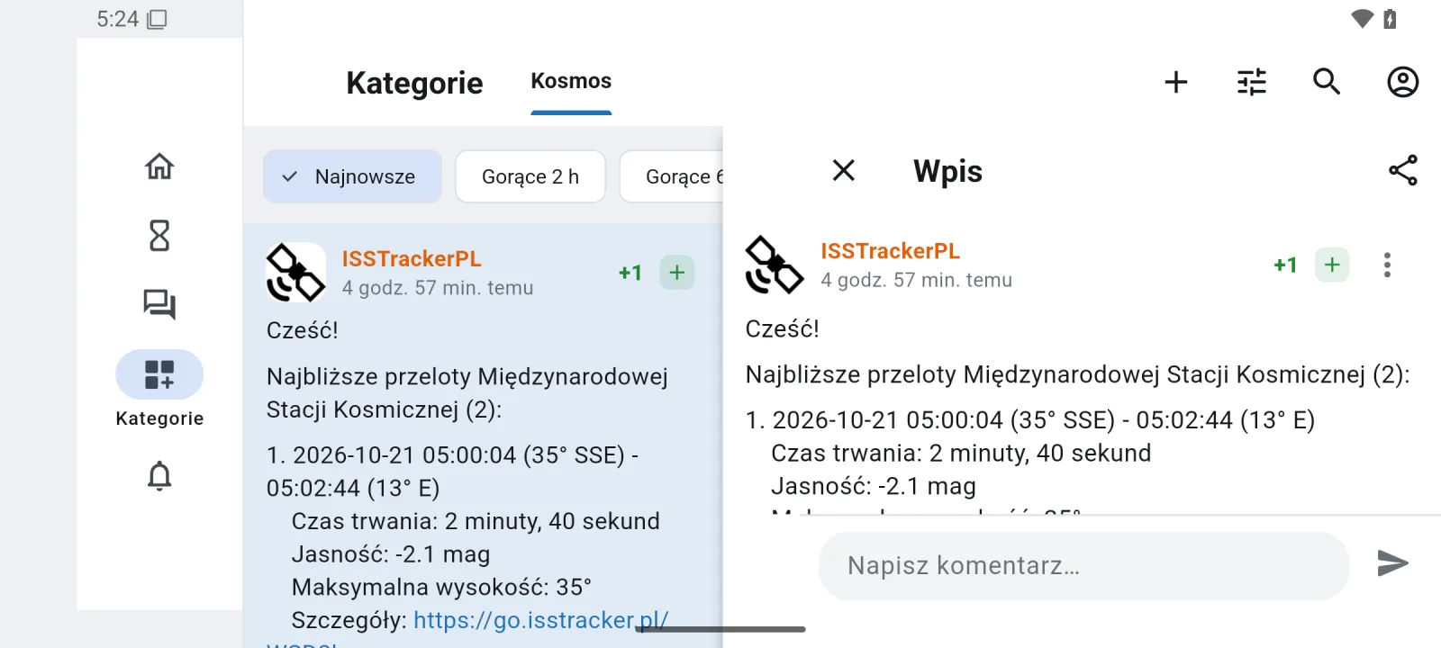Mirkoład w poziomie: lista kategorii Kosmos po lewej, otwarty wpis po prawej